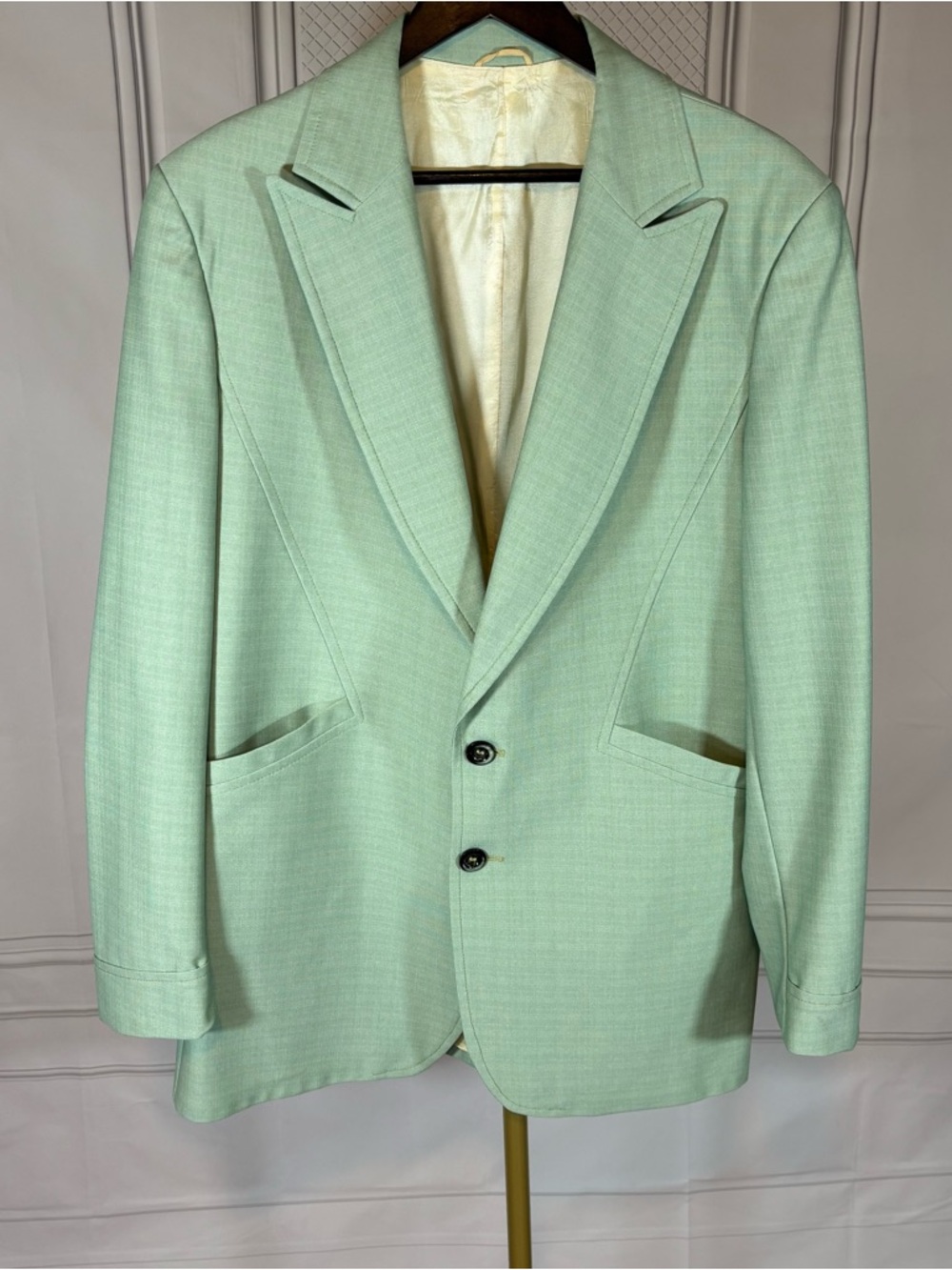 Vintage 1970s Campus Concept 2 Mint Green Blazer 44L Peak Lapels Disco Mod Retro